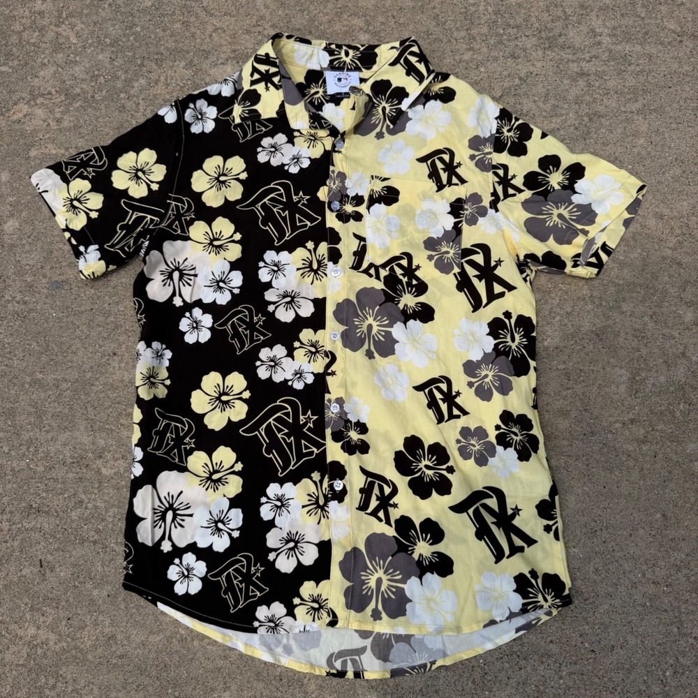 MLB Texas Rangers Mens Small Hawaiian Floral Button Up Shirt Yellow Black